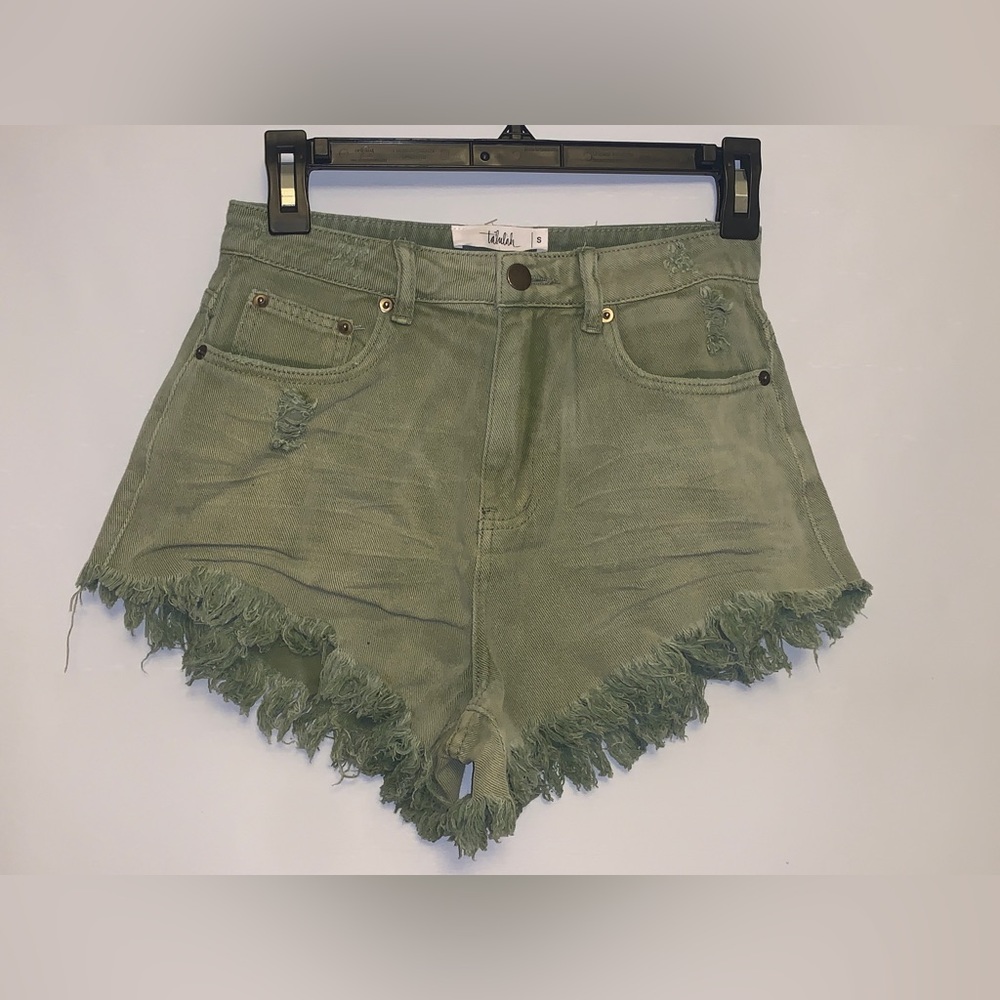 Green fringe jean shorts